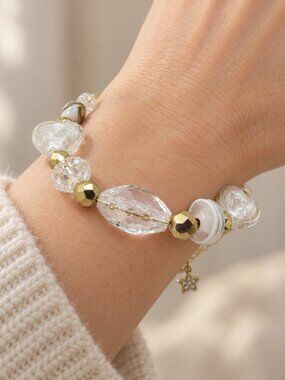 White & Gold Art Glass Heart Beaded Bracelet Adjustable